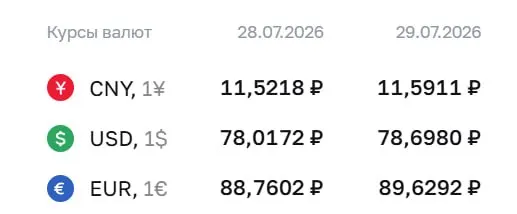 Официальный курс на 29 июля: доллар — 78,70 ₽, евро — 89,63 ₽, юань — 11,59 ₽. Для доллара это максимум с 8 апреля.