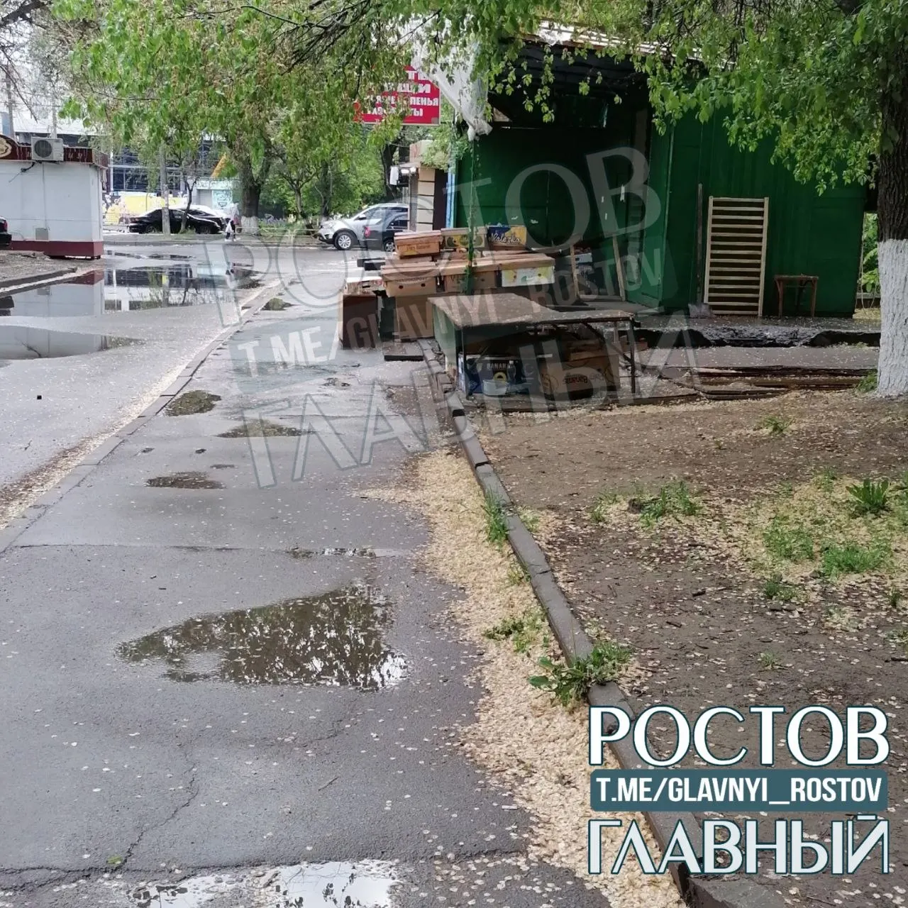 Житель Ростова сообщает, что овощной ларёк на Космонавтов, 9/3 занимает пешеходную зону — людям приходится идти по проезжей части. Рядом стоящий контейнер наполняется всего за три дня после уборки.