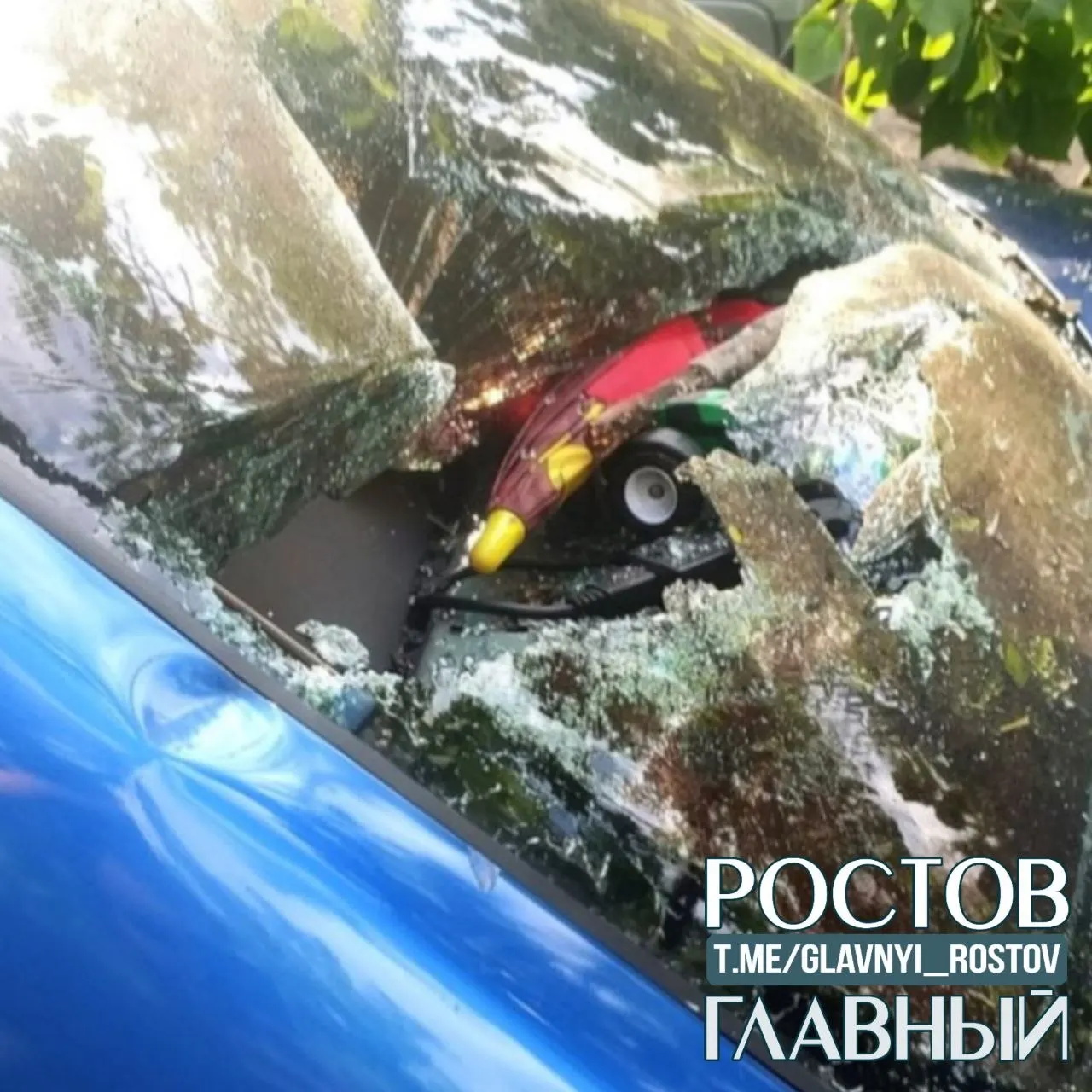 Огромный ствол рухнул на машину: у автомобиля разбита задняя часть и выбито окно. Информации о пострадавших не поступало.