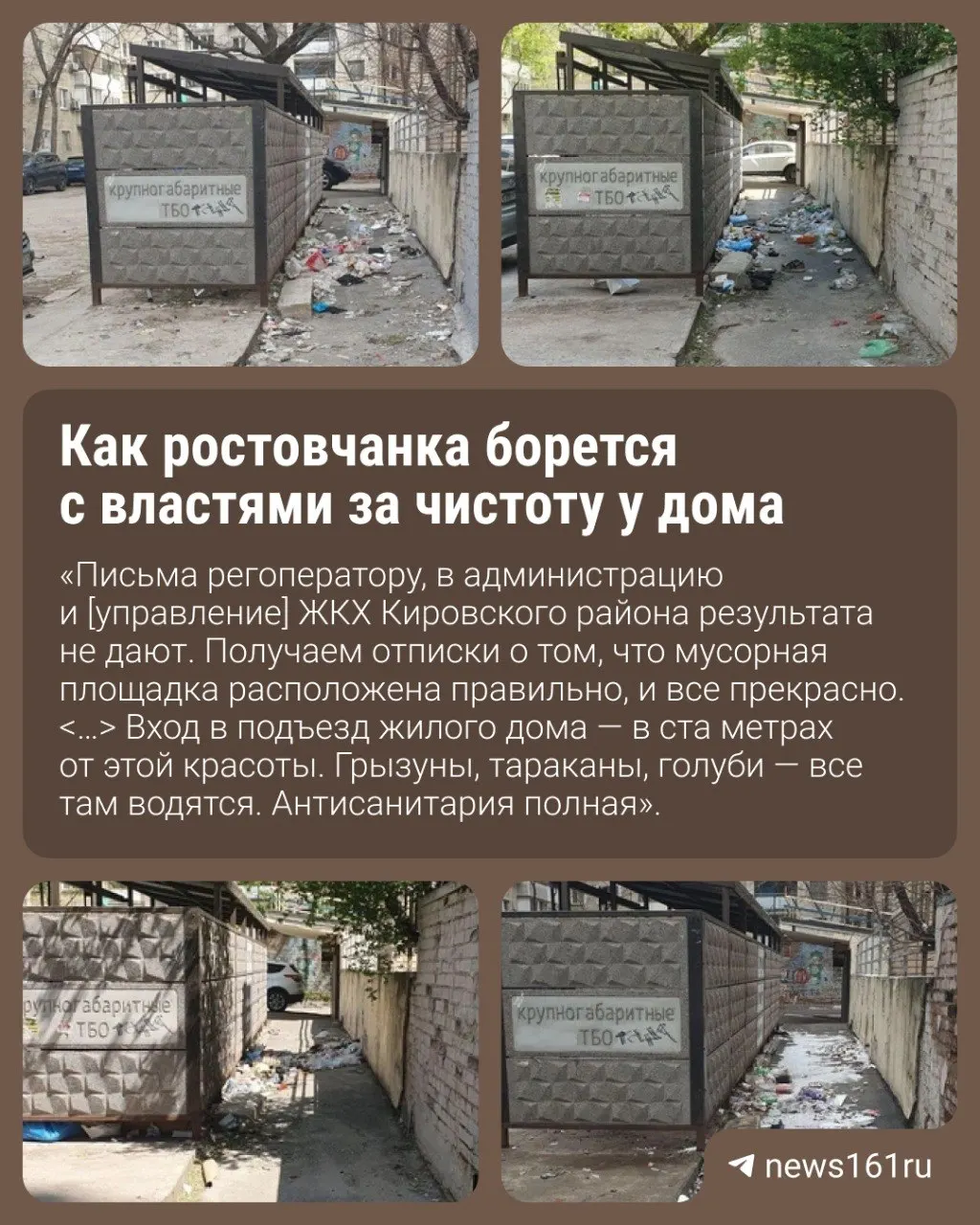 Жительница дома на Соколова, 92 уже полгода борется с мусором вокруг контейнерной площадки: регоператор и районная администрация отписываются, а свалки продолжают накапливаться.