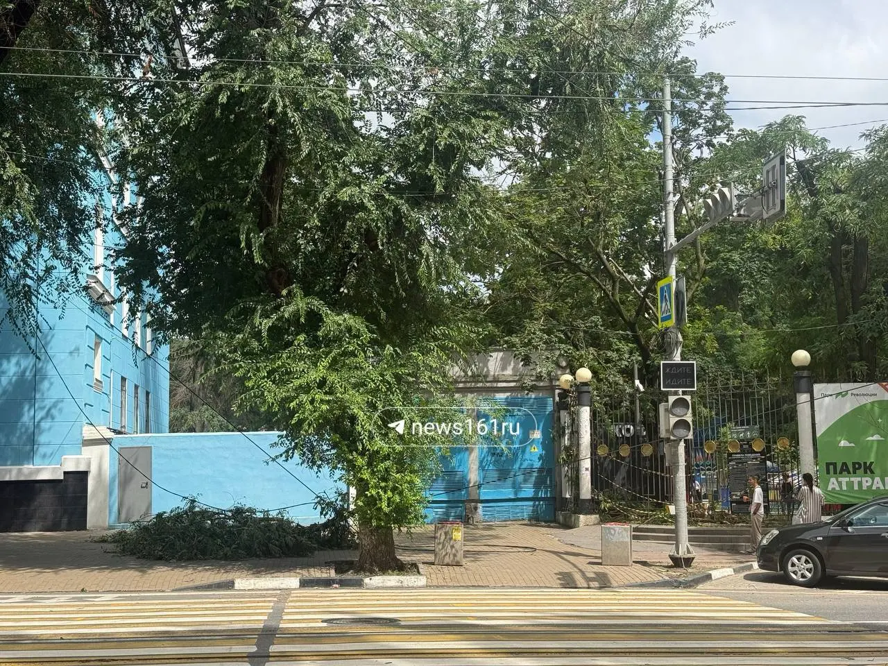 В парк Революции временно ограничен доступ: ветки упали на провода. В мини‑зоопарке заметили птиц, информация о пострадавших животных пока неизвестна.