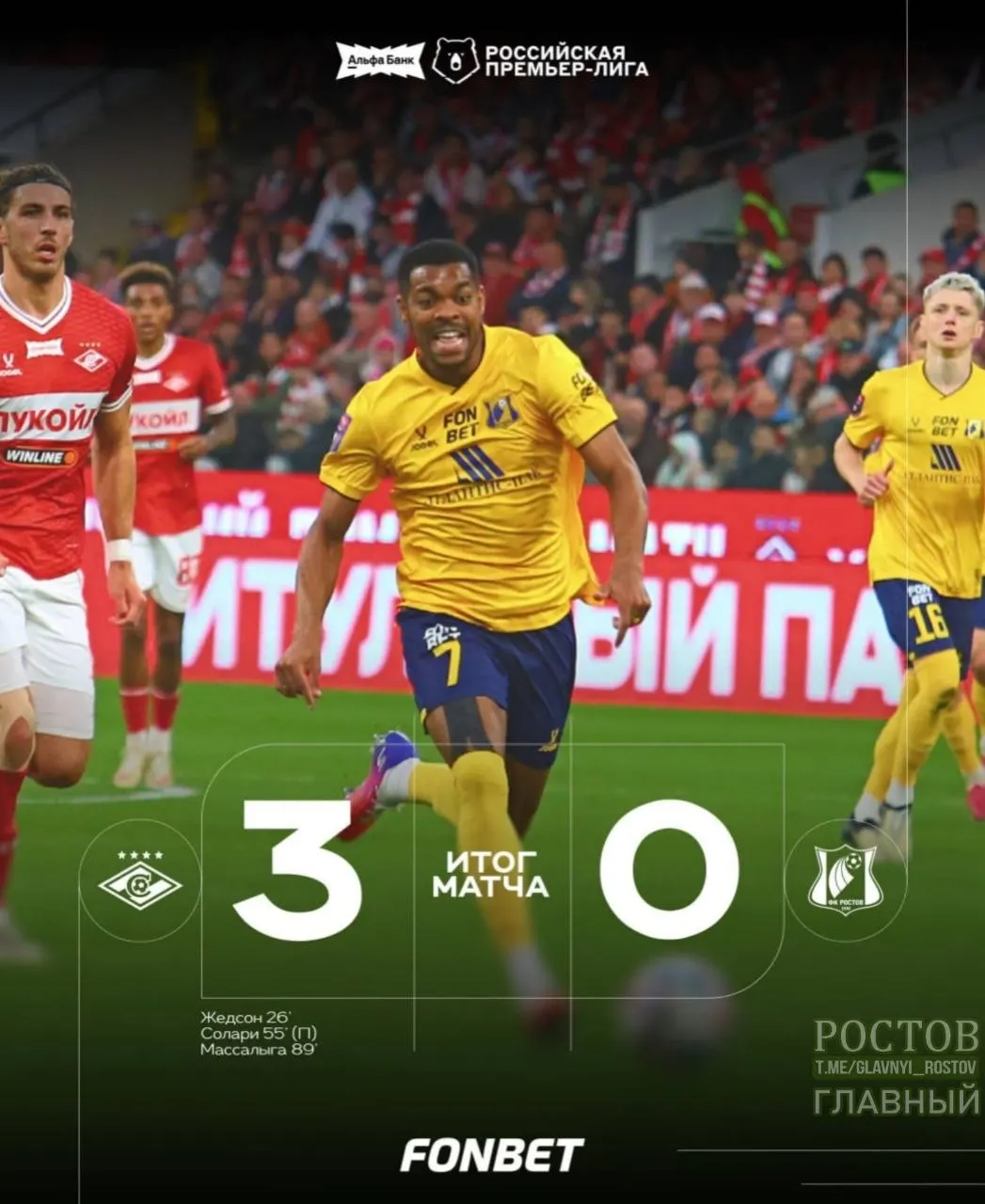 Ростов уступил Спартаку в матче со счетом 0:3.